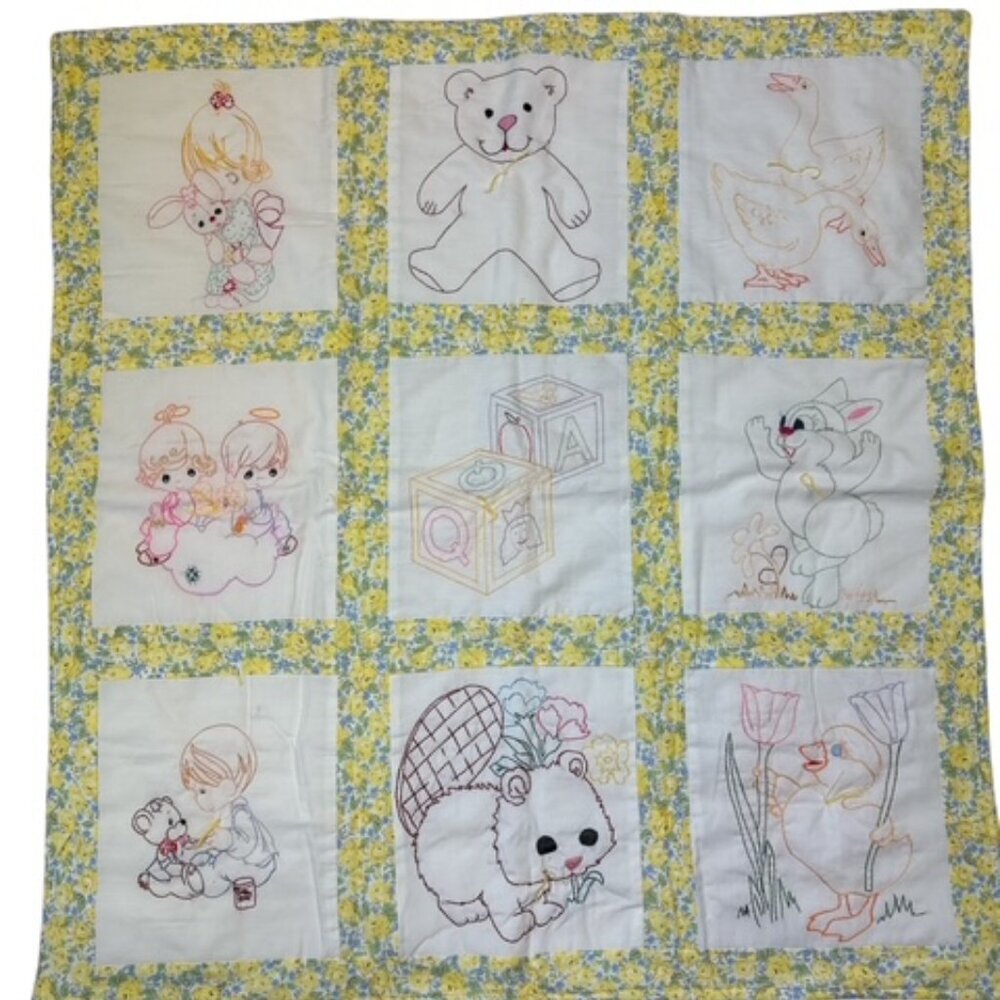 9 Panel Hand Embroidered Handsewn Baby Blanket Precious Moments Rabbit Duck Bear